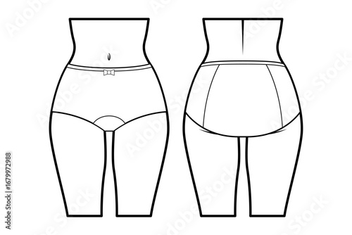 Women’s lingerie technical flat sketch. Control brief for stockings, front and back view, fashion design template. Women’s underwear. Isolated on white.