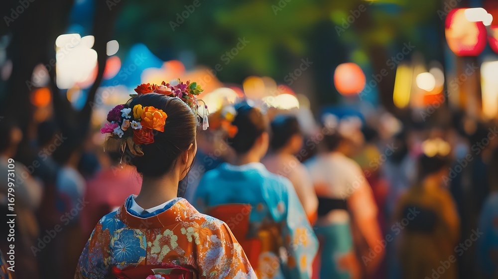 Obraz premium Exploring traditional japanese summer festival with yukata and lanterns for cultural travel experience