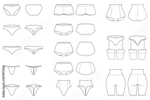 Outline vector illustration set of different women’s panties styles with front and back views, isolated on white background.