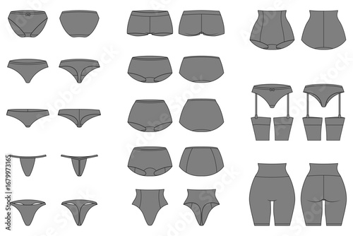 Set of different women’s panties types with front and back views, monochrome illustration, isolated on white background.
