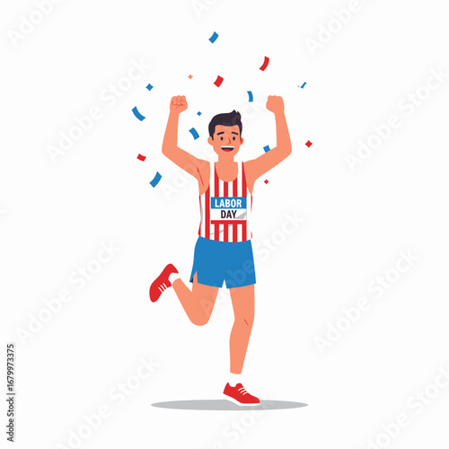 A happy male runner celebrates finishing a Labor Day marathon with confetti falling around him.