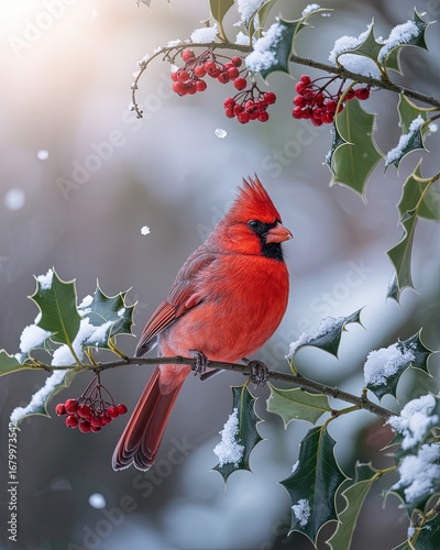 Vibrant Red Cardinal Bird Perched on Snowy Holly Branch with Berries in Winter Nature Scene, Sunlight and Falling Snow