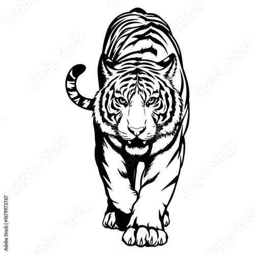 Striking black and white illustration of a tiger walking forward, showcasing its powerful build and distinctive stripes.