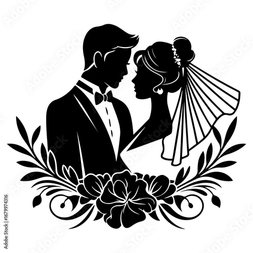 Silhouette of a bride and groom facing each other, surrounded by floral and foliage elements, creating a romantic wedding design.