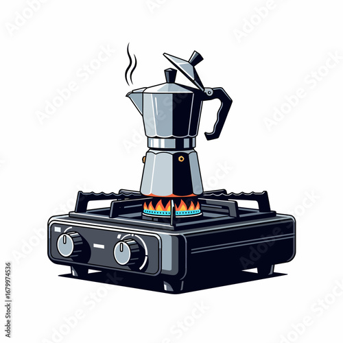 A classic Italian moka pot brewing fresh coffee on a portable gas stove burner, isolated on a white background.