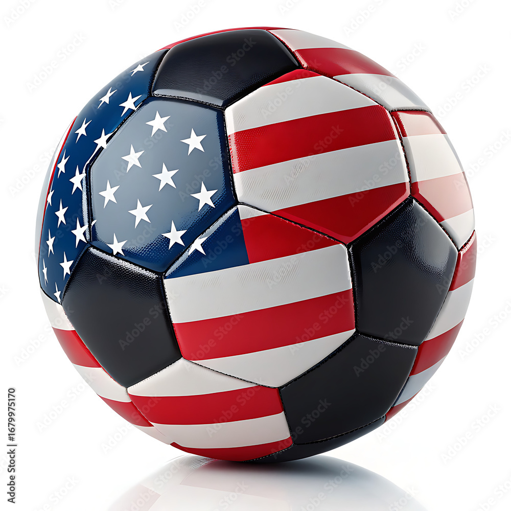 Fototapeta premium A soccer ball with the american flag design showing stars and stripes on a white background surface