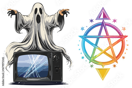 Haunted Ghost with TV and Magic Pentagram Illustration