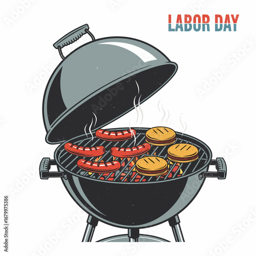 Illustration of a charcoal barbecue grill with sausages and hamburgers cooking for a Labor Day celebration.