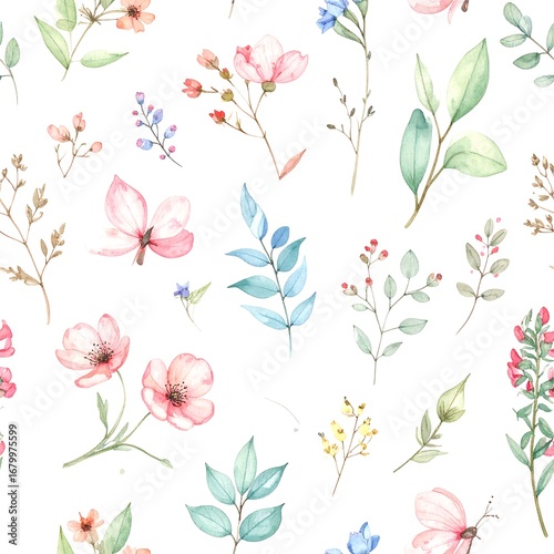 Delicate Watercolor Floral Pattern with Soft Pink and Blue Hues.
