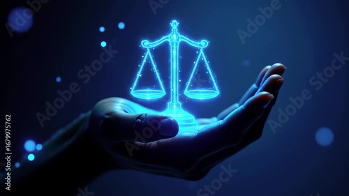 A glowing digital representation of justice scales held in a hand against a dark, mysterious background