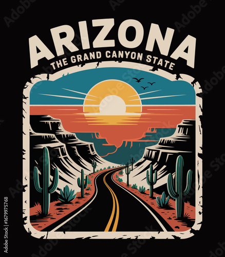 This image beautifully captures a scenic view of Arizona's Grand Canyon at sunset, with vibrant colors, cacti, and a winding road creating a dramatic atmosphere.
