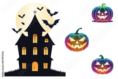 Haunted House with Bats and Glowing Pumpkins Halloween Illustration
