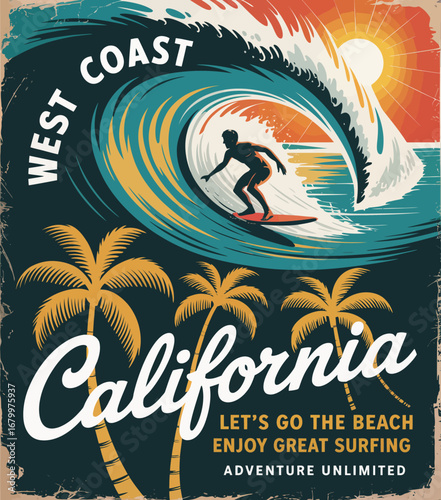 This captivating vintage-inspired poster depicts an adventurous surfer riding a wave in California, inviting viewers to enjoy the beach and embrace the surfing culture.