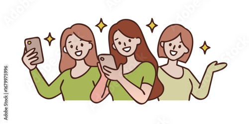 Minimalist illustration of women using smartphones in flat cartoon style, Smartphone happy young woman icon illustration set