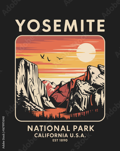 This captivating artwork showcases Yosemite's cliffs bathed in sunset hues, symbolizing adventure, serenity, and the timeless beauty of the great outdoors.