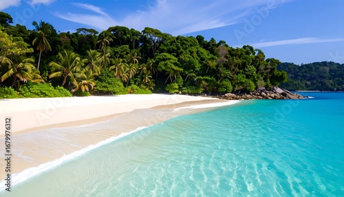 Fototapeta Naklejka Na Ścianę i Meble -  A tranquil tropical beach scene showcases a pristine white sand beach lapped by turquoise waters, surrounded by lush green foliage and a vibrant blue sky.