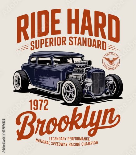 An artistic illustration showcasing a retro race car from 1972, highlighting its vintage charm and detailing as a tribute to Brooklyn's racing history.