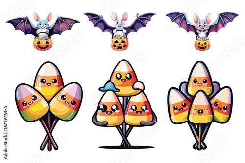 Cute Halloween Candy Corn and Bat Cartoon Illustration
