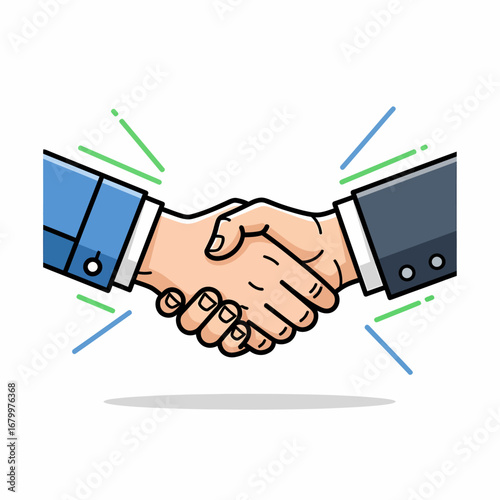 A colorful cartoon illustration of a firm handshake between two businessmen, symbolizing an agreement or partnership.