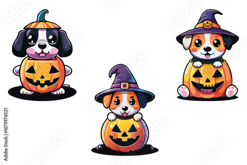 Cute Halloween Puppies with Pumpkins Illustration