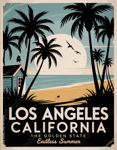 This captivating illustration features a vintage Los Angeles beach scene enriched by palm trees and a sunset, capturing a sense of endless summer and California's coastal charm.