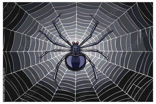 Black Spider on Web Halloween Illustration