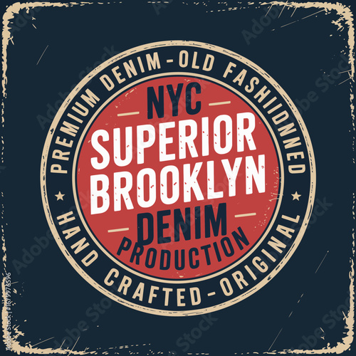 This retro-inspired design showcases Brooklyn’s premium denim production, blending urban style with classic craftsmanship in a bold circular emblem.