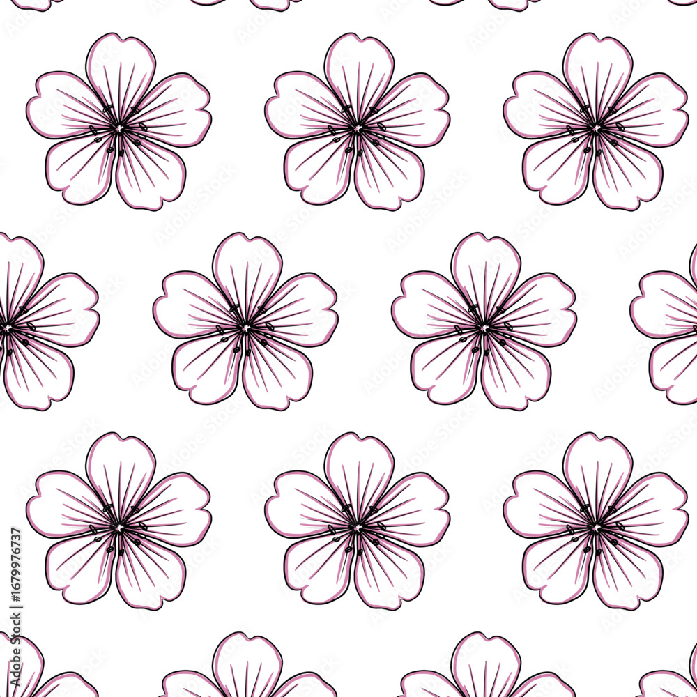 Fototapeta premium Alpine Catchfly or Silene suecica flower Seamless Pattern Hand drawn vector line art, Black and Pink Flower isolated in white. Beautiful design for textile, wallpaper, wrapping paper