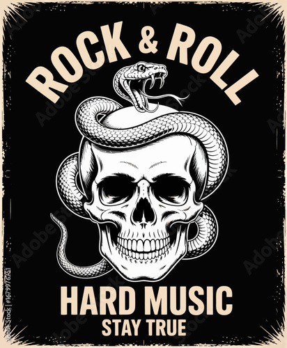 A striking illustration of a skull with a snake wrapped around it, embodying the raw energy and defiant spirit of rock and roll music in a visually powerful way.