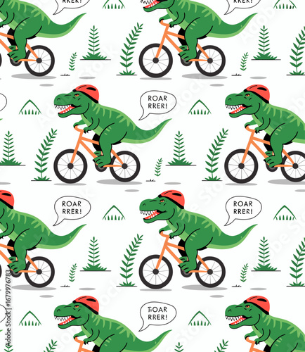 A cheerful design consisting of cartoon T-Rex dinosaurs joyfully riding bicycles amidst greenery, ideal for kids' decor and playful merchandise.