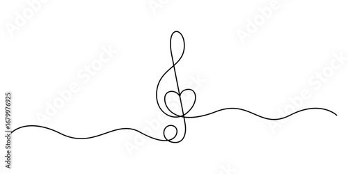 Treble clef music notes with love sign continuous one line drawing. Single line art music notes. Doodle vector illustration