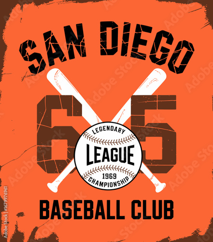 Showcasing a rustic graphic, this design highlights the San Diego Baseball Club 65 logo, representing a league baseball championship from 1959 with bold and adventurous elements.