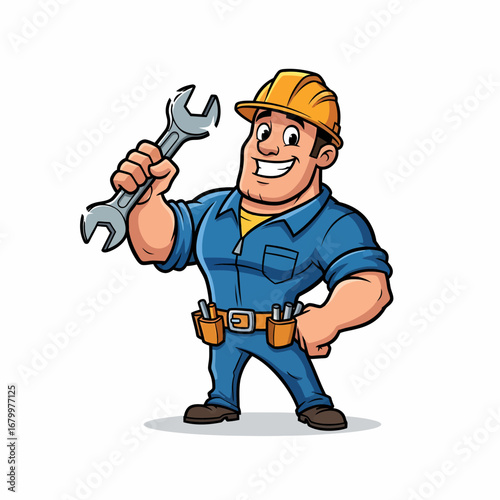 Cartoon mascot of a friendly mechanic or handyman in a hard hat holding a large wrench.