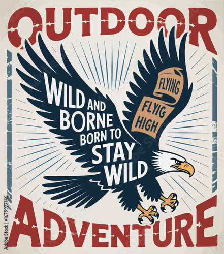 A striking illustration of an eagle in flight, emphasizing themes of freedom and wilderness adventure, evoking a sense of exploration and love for the outdoors.