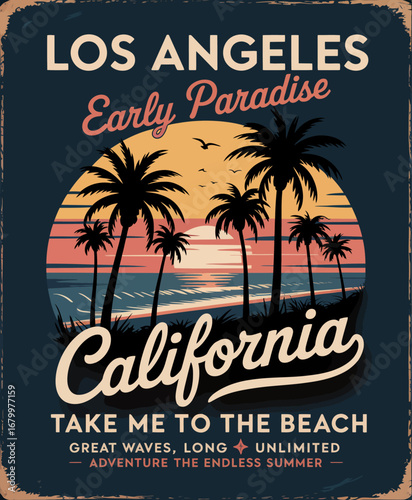 This vibrant poster showcases the serene beauty of a California beach with palm trees under a stunning sunset, inviting viewers to experience endless summer adventures.