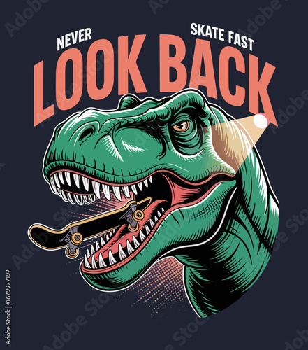 Featuring a skateboarding dinosaur, this illustration uses bright imagery and playful text to convey a sense of adventure and youthfulness in dynamic skate culture.
