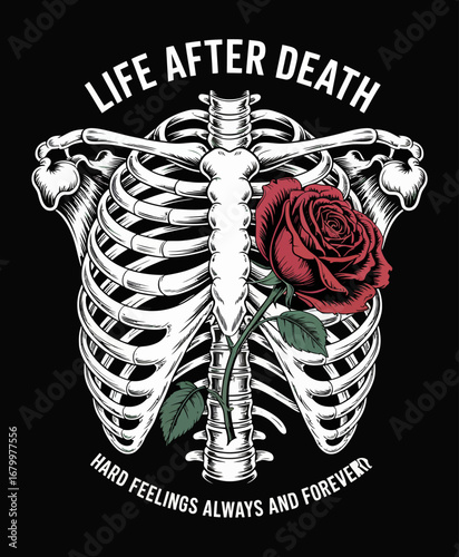 This captivating artwork blends a skeleton with a rose, representing the juxtaposition of life, death, and the complex nature of human emotions and hard feelings.