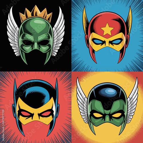 Four stylish superhero masks illustrated with diverse backgrounds, highlighting each mask's distinct colors and features, reflecting the essence of heroism.