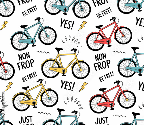 This vibrant and playful design of bicycles with text slogans encapsulates themes of joy, freedom, and adventure, perfect for summer or active lifestyle concepts.
