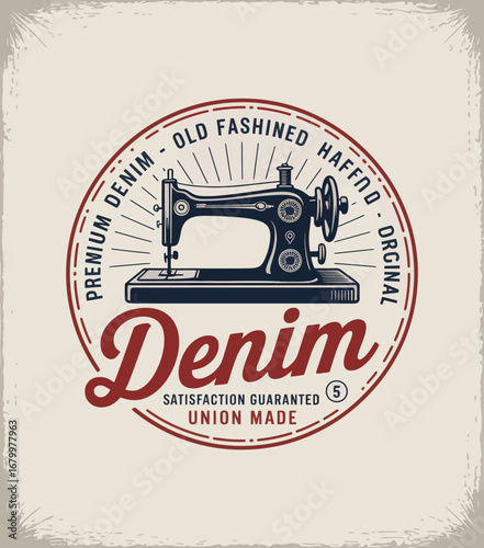 A classic sewing machine illustration paired with the word 'Denim', showcasing premium denim craftsmanship and union-made quality, perfect for fashion or textile projects.