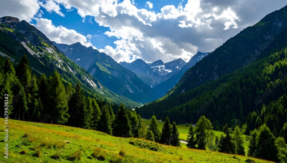Fototapeta premium Alpine valley bathed in sunlight. Lush green meadows and forests meet towering peaks