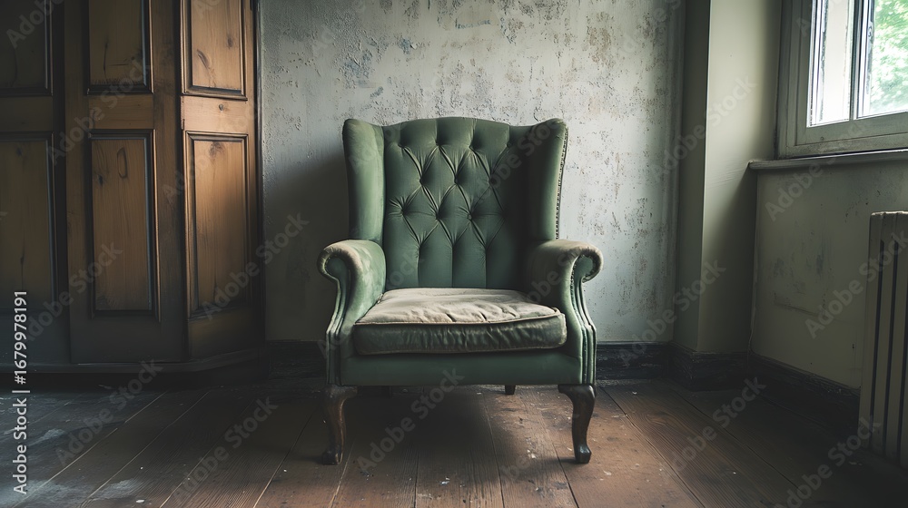 Obraz premium Vintage green armchair in abandoned room interior design and furniture photography old wooden door