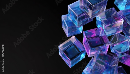 Translucent blue and purple cubes float against a dark background