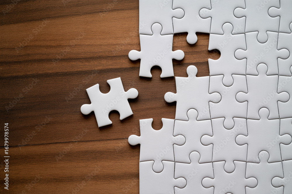 Fototapeta premium Solving white jigsaw puzzle on wood table for business strategy and problem solving concept idea design