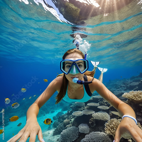 Young woman in snorkeling mask dive underwater with tropical fishes