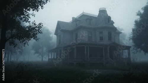 Haunted Victorian House Surrounded by Fog in Eerie Landscape