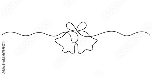 Continuous one line drawing of two Christmas bells with a bow. Single line art Christmas bell icon. Doodle vector illustration