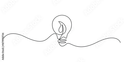 Light bulb with plant inside. Continuous line drawing. Creative concept of Green energy and environmental friendly sources. Environmental concept. Vector illustration