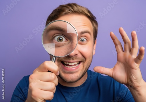 A man is joyfully holding a magnifying glass in front of his face, emphasizing one eye. His expression conveys curiosity and enthusiasm, set against a vibrant purple backdrop