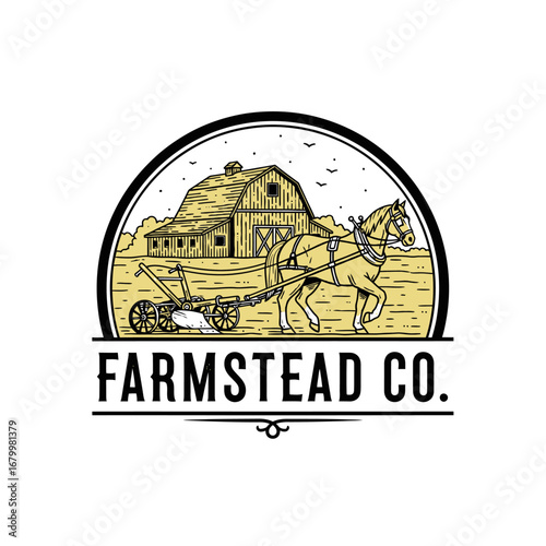 Farmtead Co. logo featuring a horse pulling a plow in front of a barn.